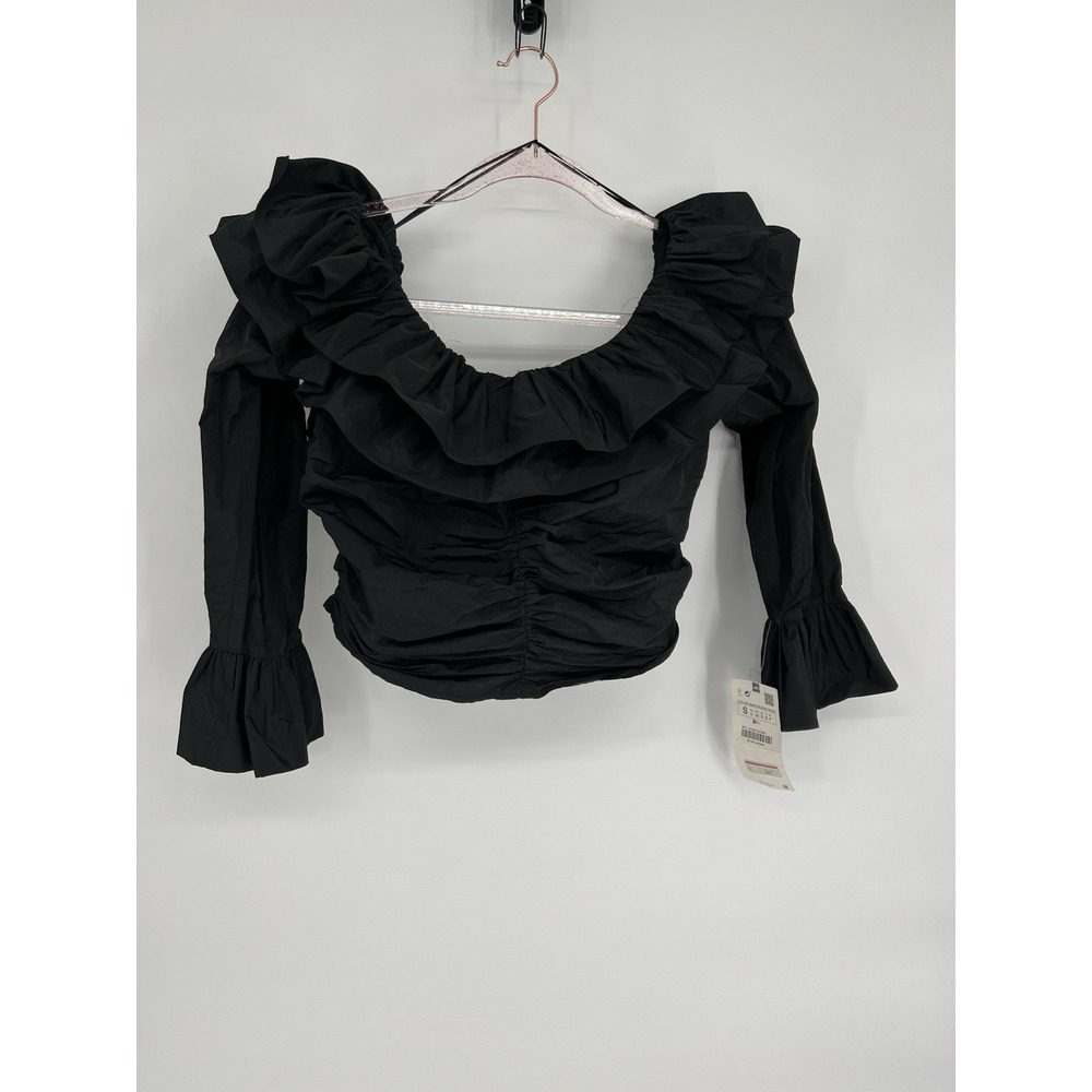 NWT Zara Bardot Black Off the Shoulders Ruffled Rouched Crop Top Womens Sz S‎